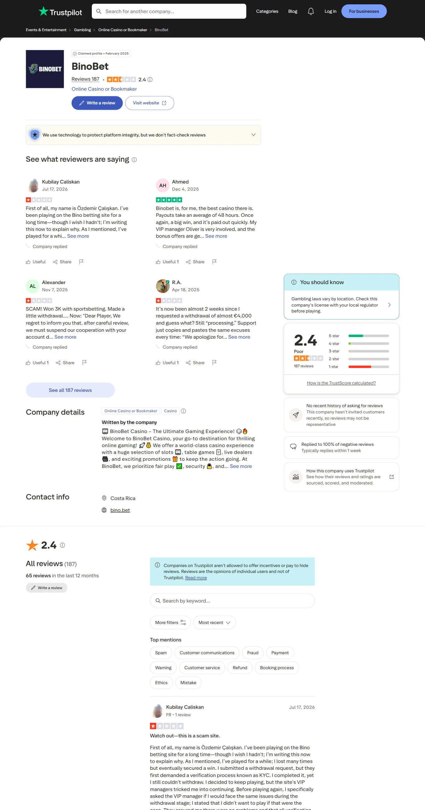 Trustpilot-reviews van Binobet-zusterdomeinen