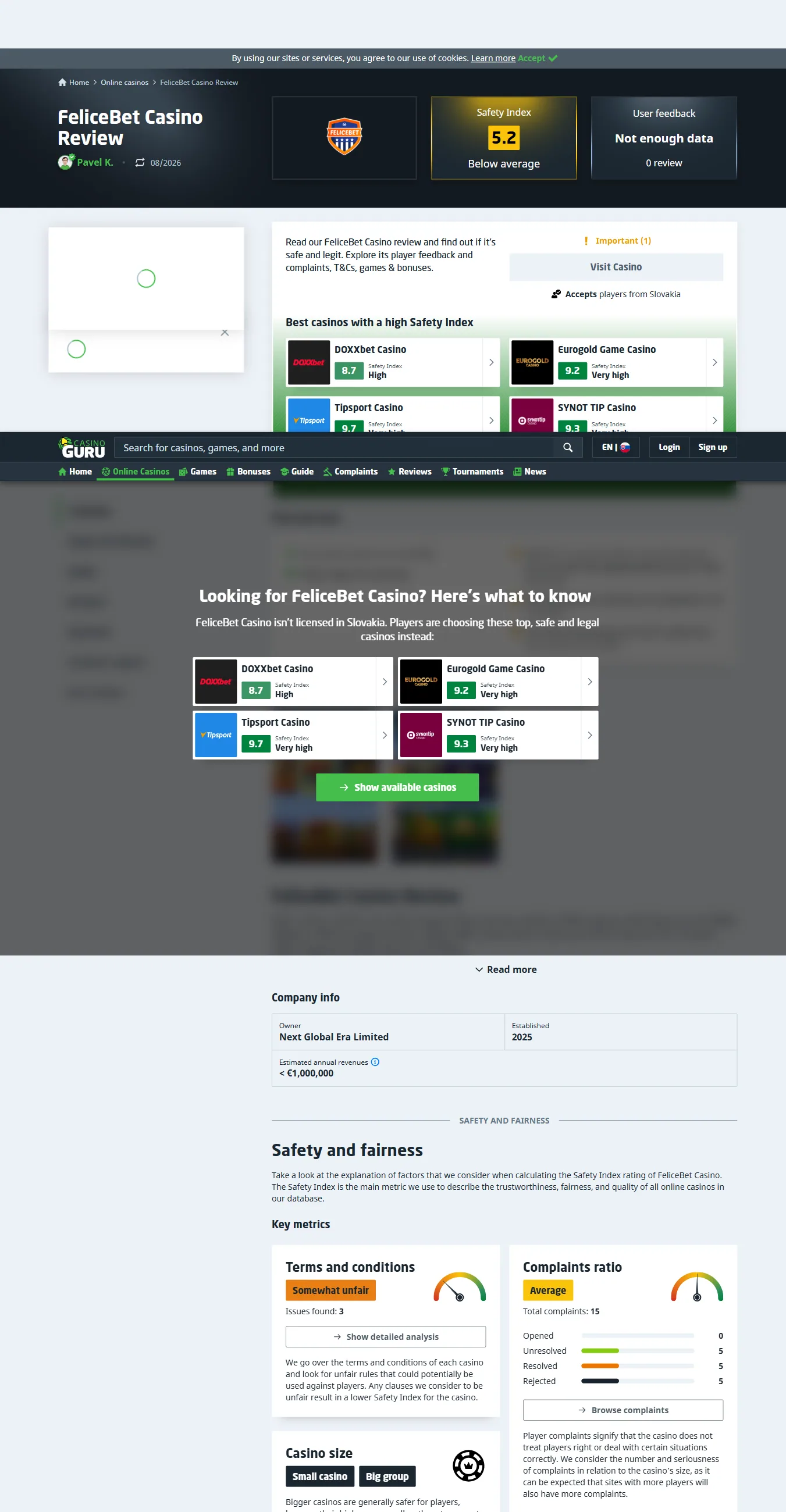 casino.guru-pagina over FeliceBet met Safety Index en klachtenverhouding