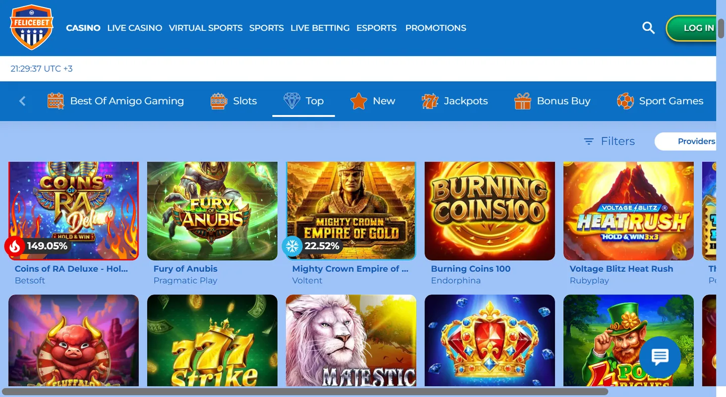 Spellobby van FeliceBet met providers en categorieën