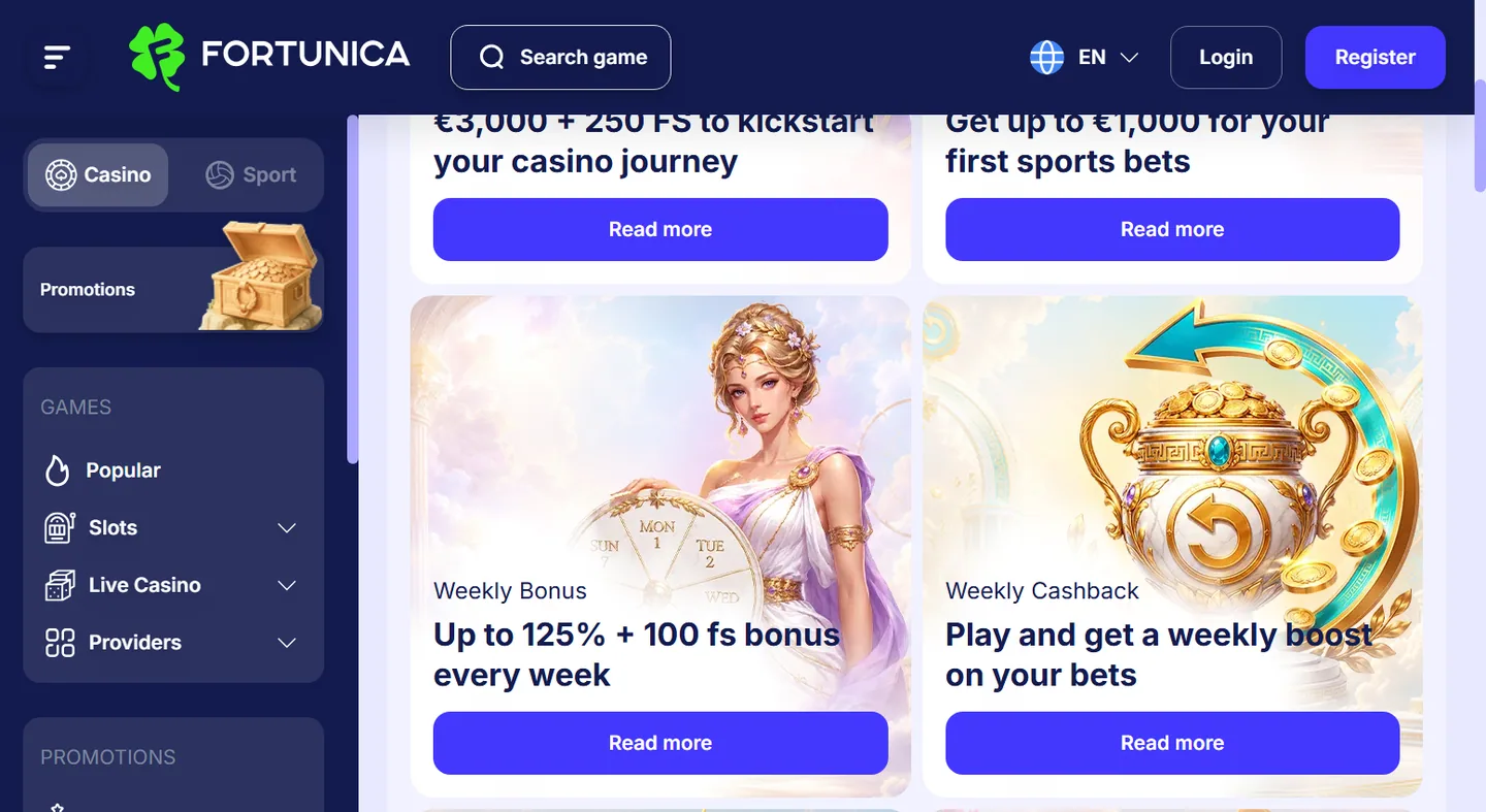Promotiepagina van Fortunica met bonusvarianten