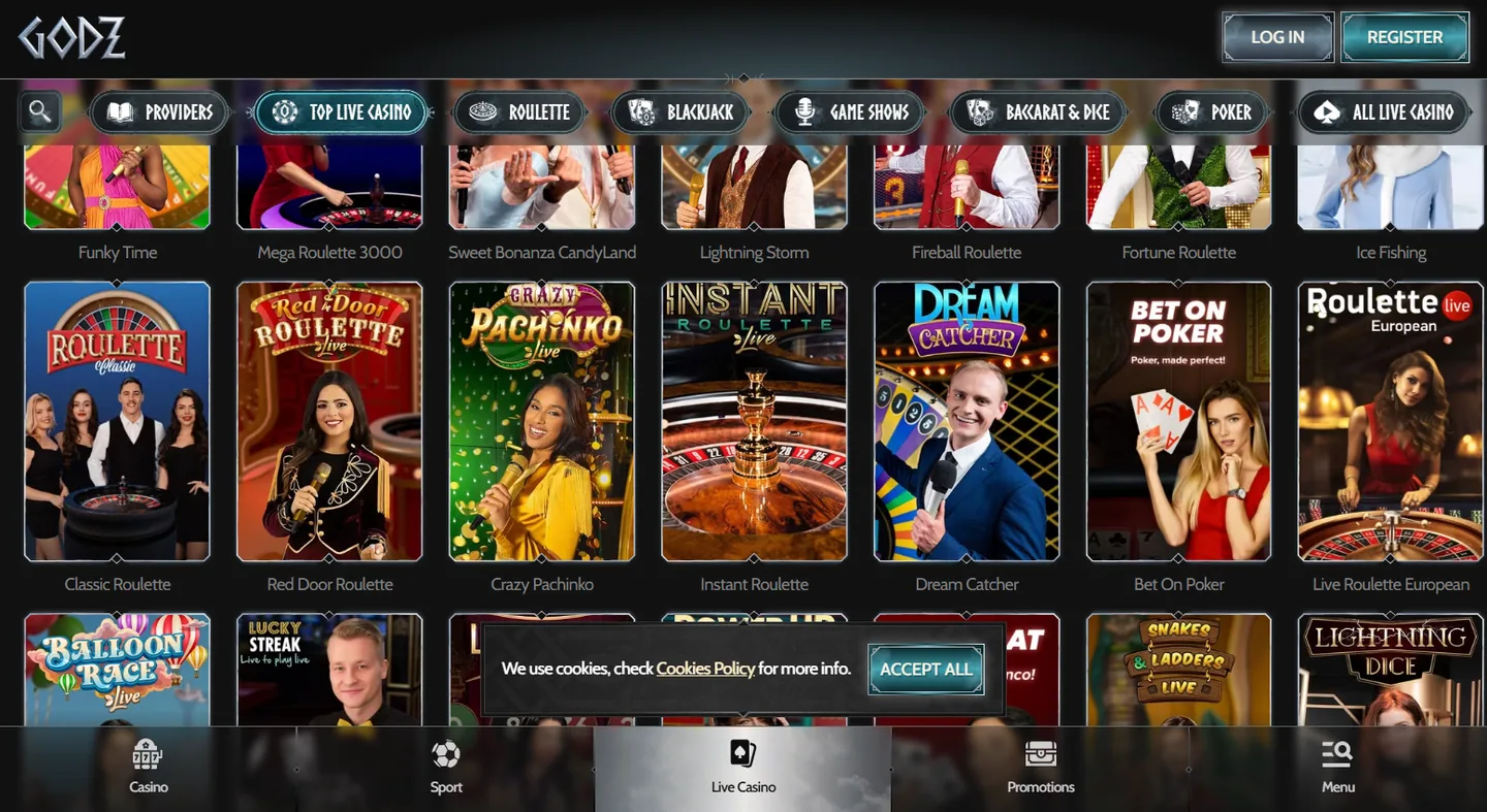 Lobby van Godz met providerfilter en spelcategorieën