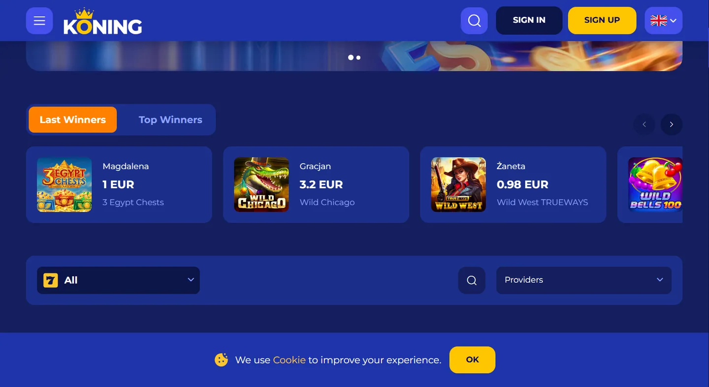 Schermafdruk van de site van Koning Bet Casino