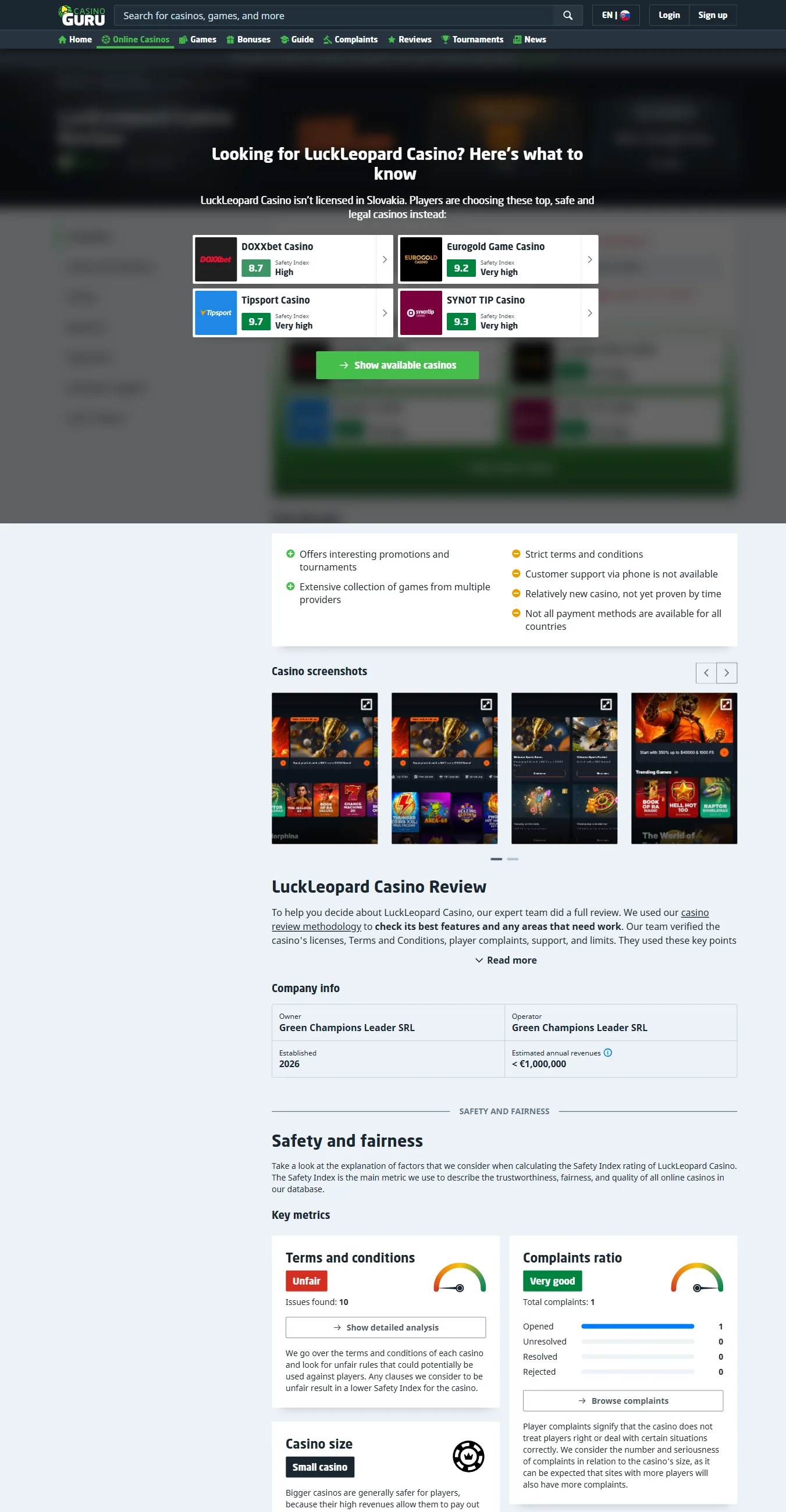 casino.guru-pagina over LuckLeopard met de voorwaarden- en klachtenbeoordeling