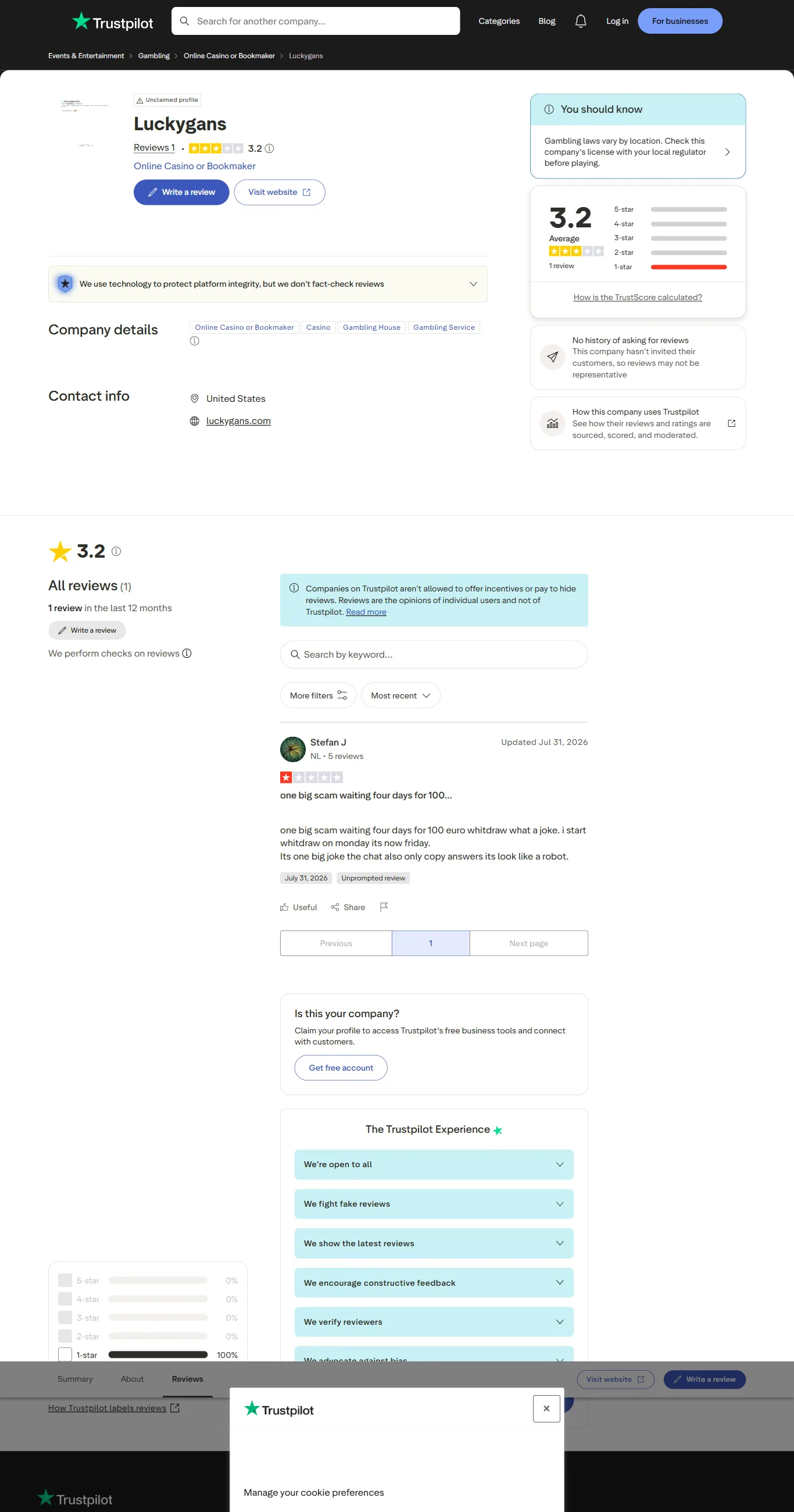 Trustpilotpagina van LuckyGans