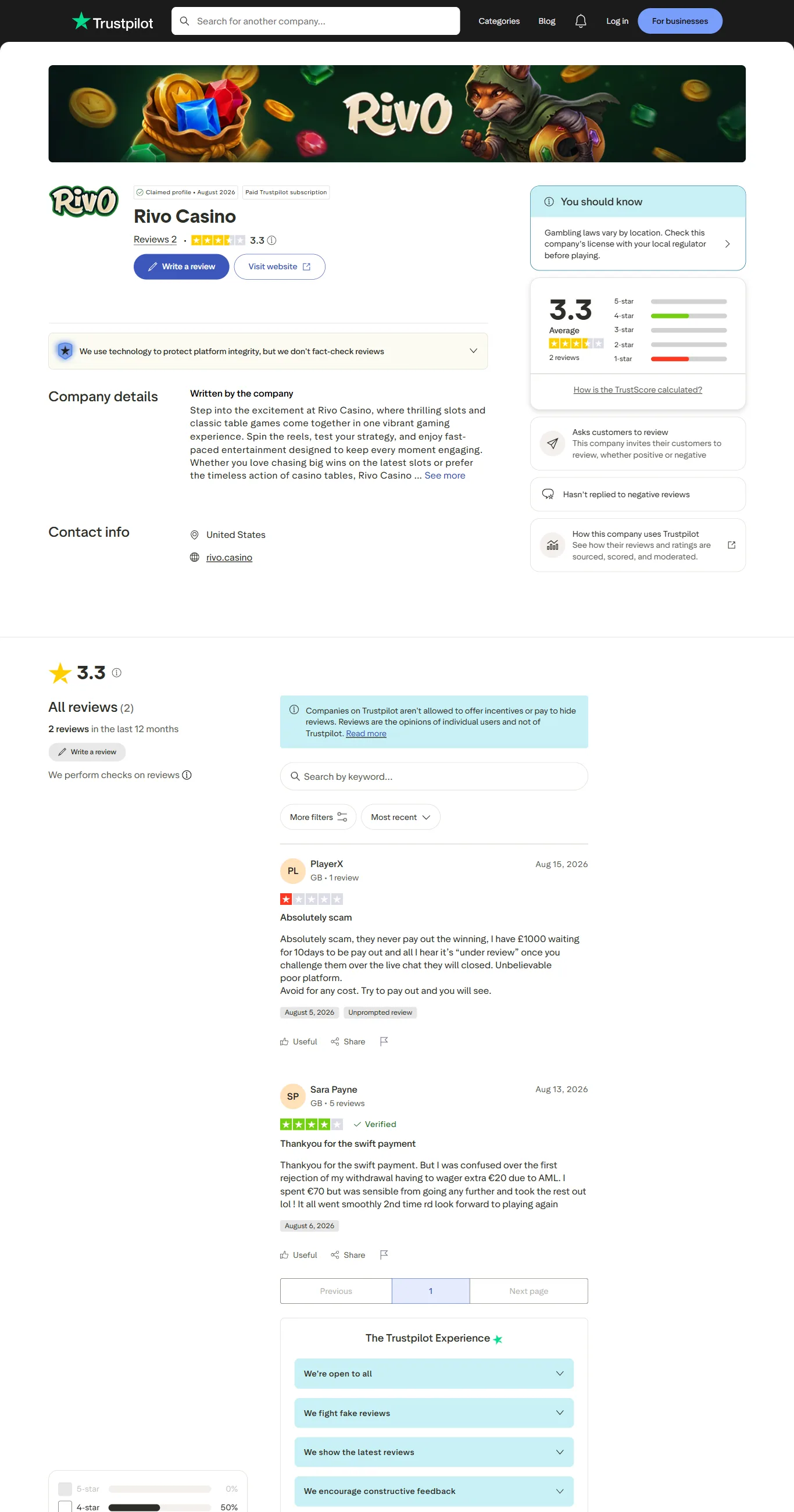 Trustpilot-pagina van Rivo Casino met de twee beoordelingen