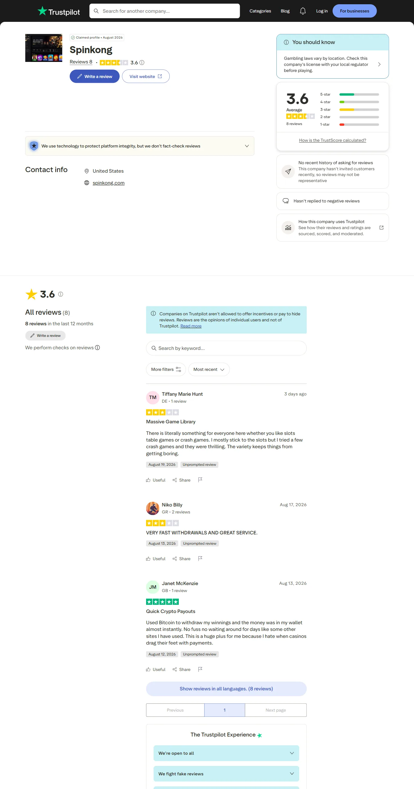 Trustpilot-profiel van SpinKong Casino