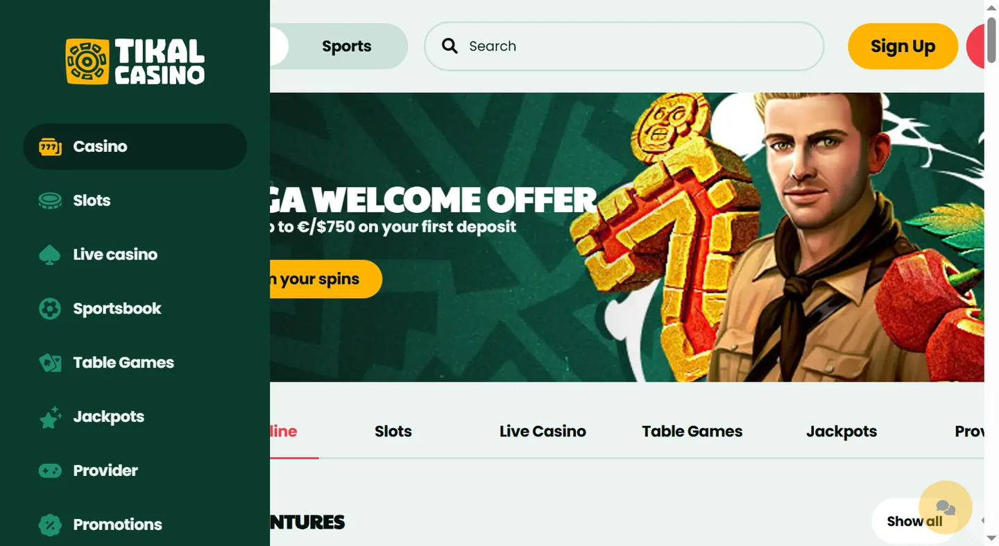 Welkomstbanner van Tikal met het maximumbedrag voor de eerste storting