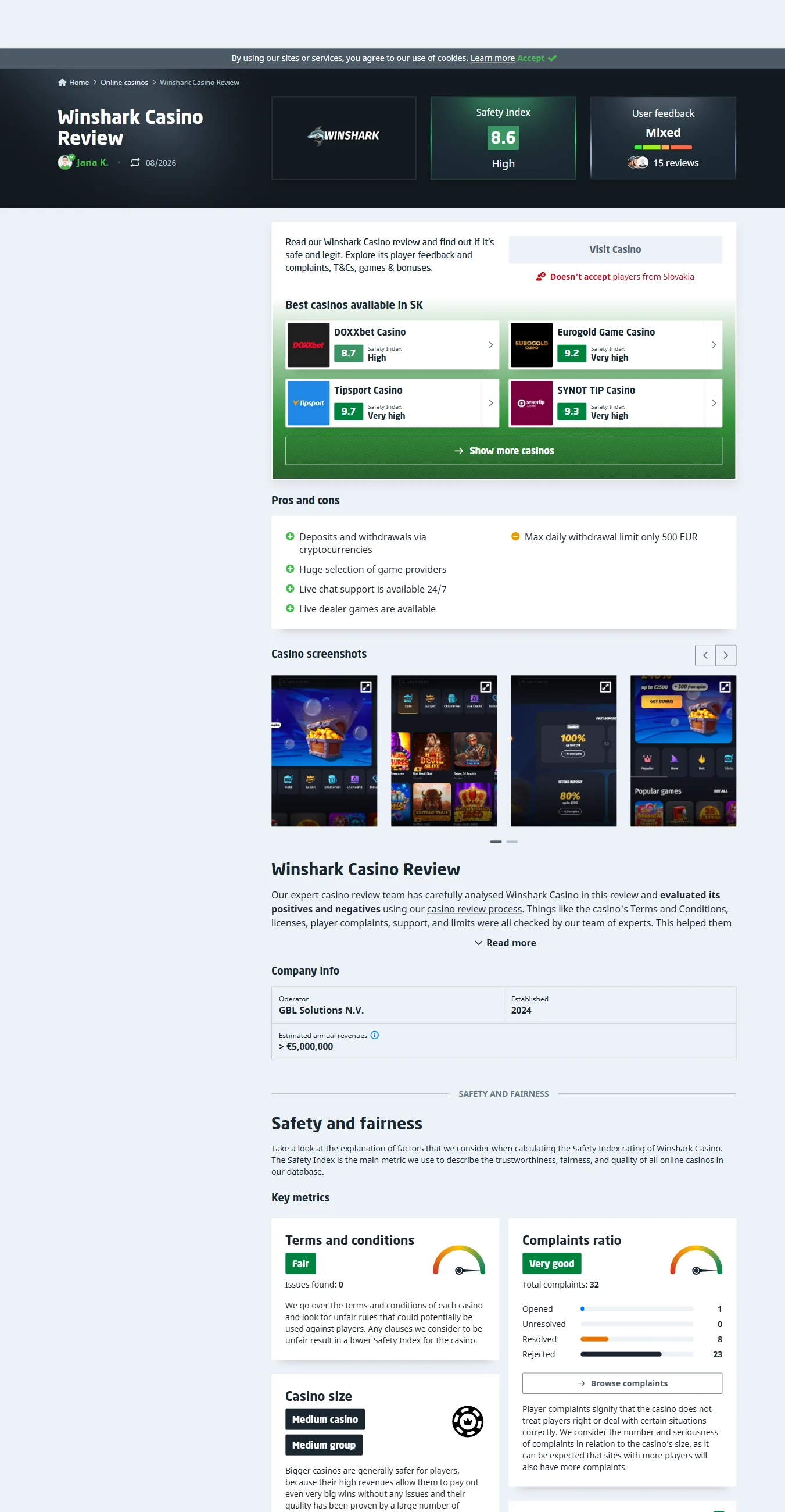 casino.guru-pagina over Winshark met de klachtenverhouding